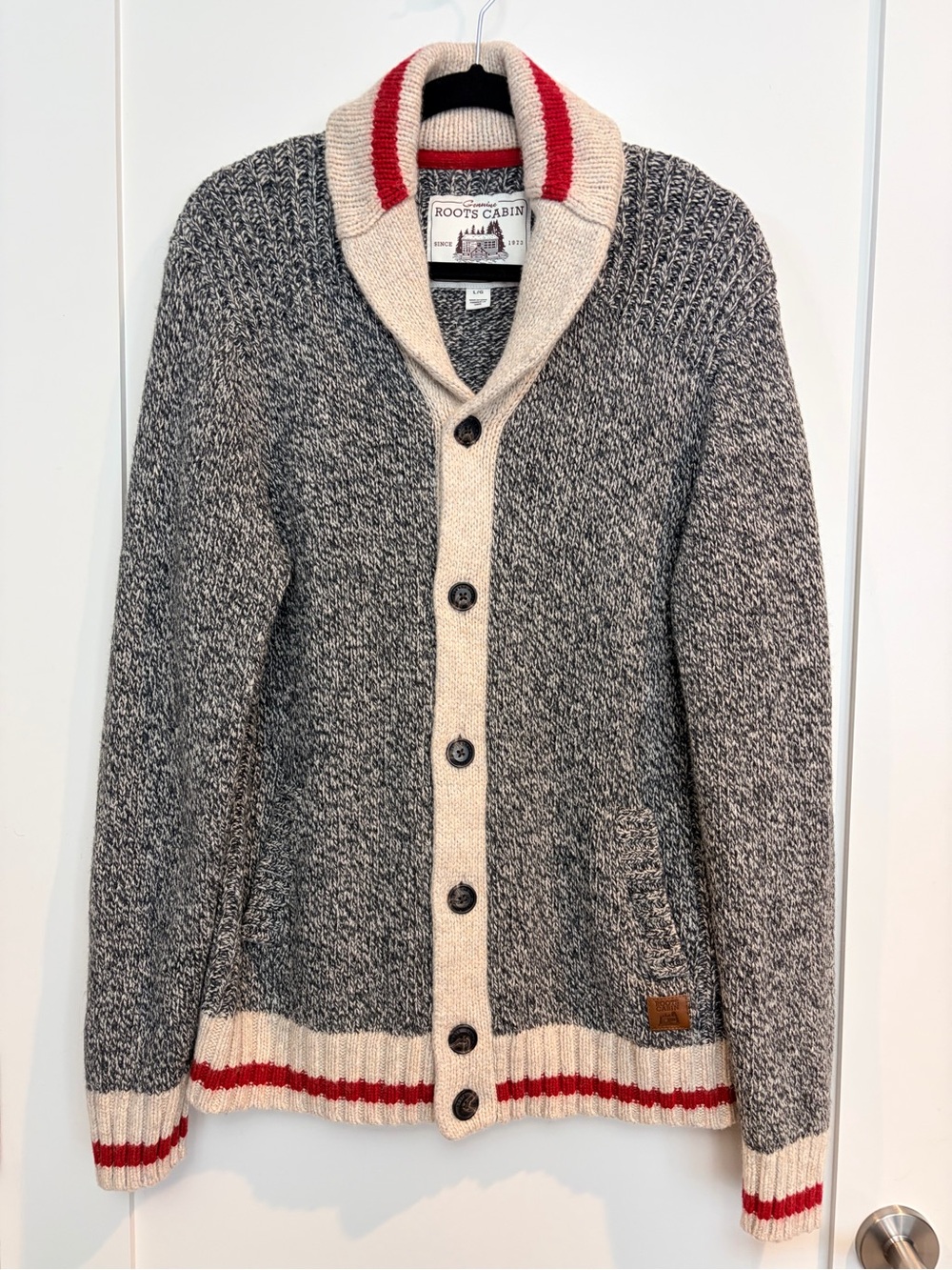 Roots Cabin Shawl Collar Cardigan L Grey Wool Blend Elbow Patch Cozy